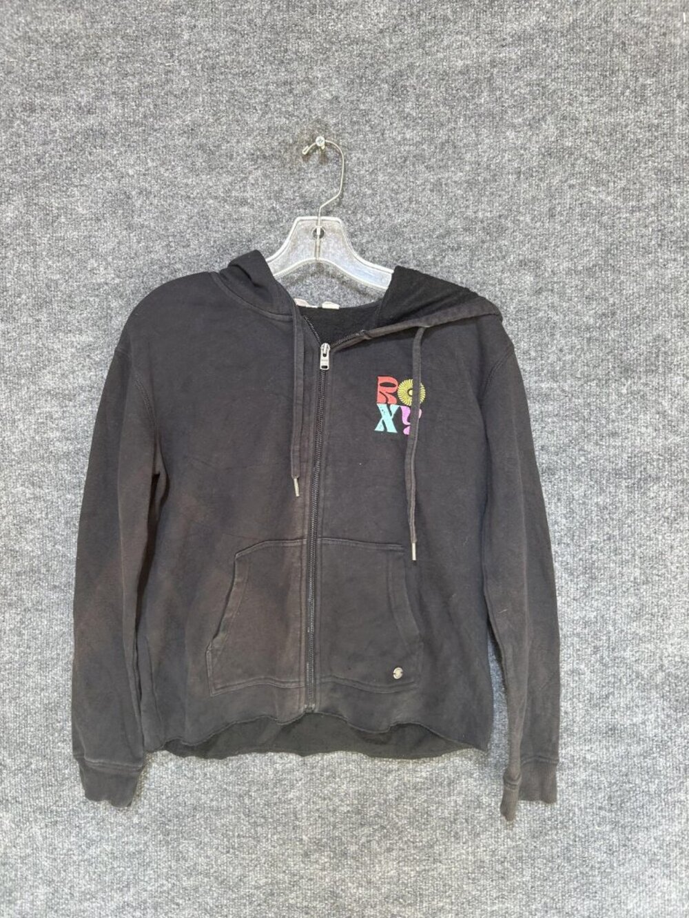 Roxy Hoodie Womens Small Black Full Zip Fleece Sweatshirt Back ROXY Graphic